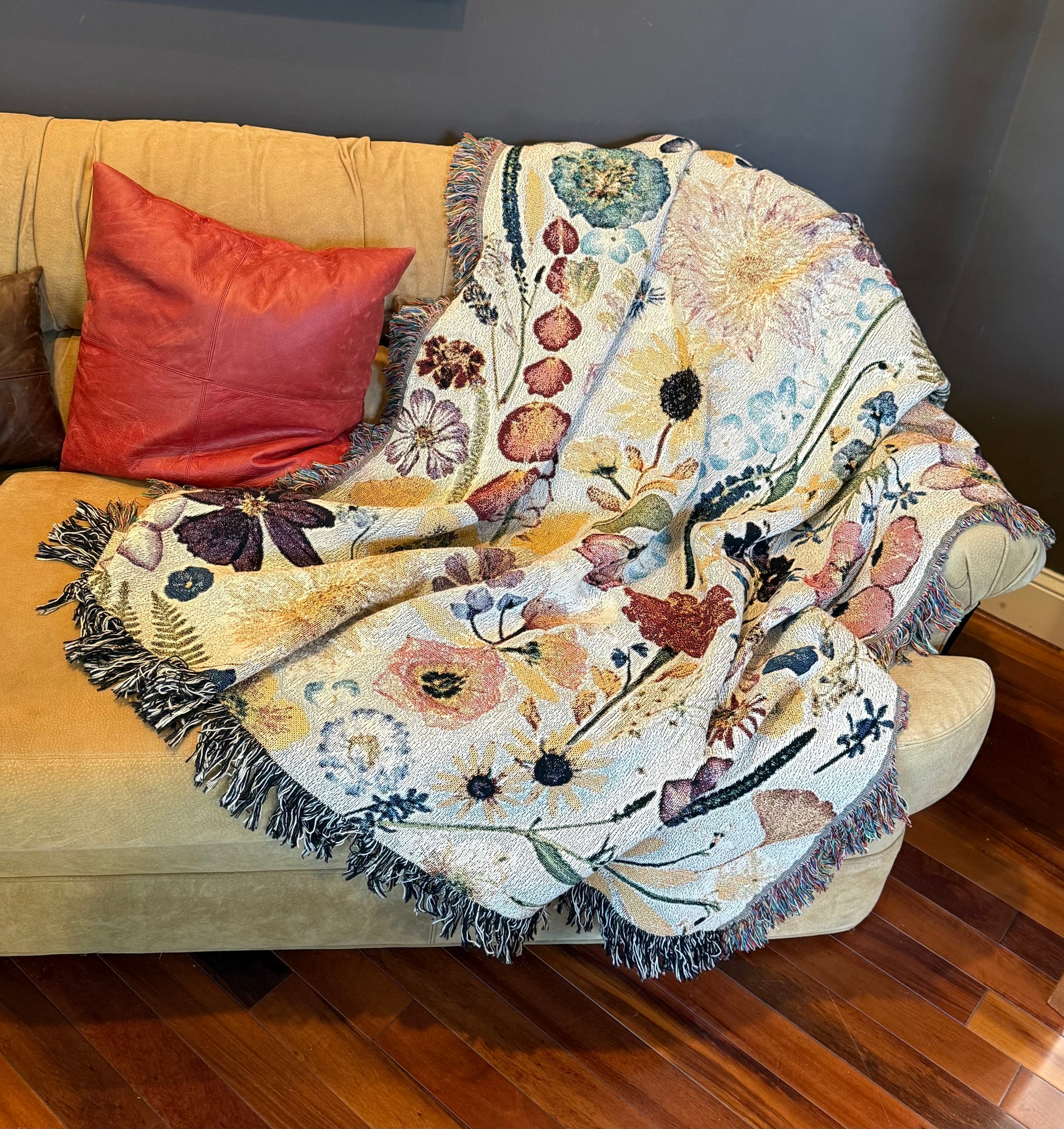 Artisan woven blanket featuring original pressed flowers from New Jersey garden.